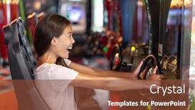  Presentation with arcade game - Beautiful PPT theme featuring arcade-game-machine-adult-woman backdrop and a tawny brown colored foreground