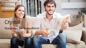  Presentation with video games playing - PPT theme consisting of arcade joystick - young couple playing video games background and a coral colored foreground