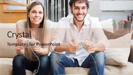  Presentation with video game 3d play games - Slide deck having arcade joystick - young couple playing video games background and a coral colored foreground