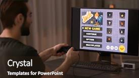  Presentation with video games playing - Cool new slide set with arcade joystick - young man playing video games backdrop and a wine colored foreground