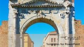 Presentation with roman - Amazing PPT theme having arch-of-augustus-gate backdrop and a coral colored foreground