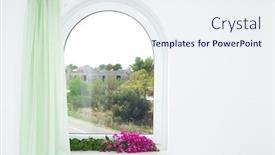  Presentation with house window - PPT layouts featuring arched window in house with view background and a sky blue colored foreground