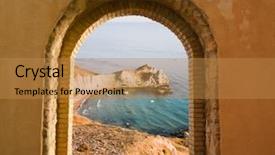  Presentation with coastal - Theme consisting of arched window on the coastal landscape of a bay background and a gold colored foreground
