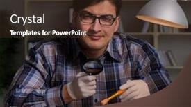  Presentation with late - Cool new slide deck with archeologist working late night in office backdrop and a tawny brown colored foreground