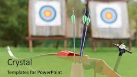  Presentation with archery - Presentation having archery equipment at spring outdoors background and a yellow colored foreground