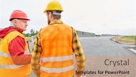  Presentation with road construction - Beautiful slide set featuring architect-and-construction-worker-discuss backdrop and a gold colored foreground