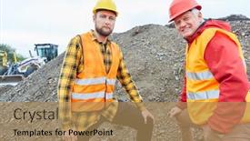  Presentation with house building - PPT theme featuring architect-and-construction-worker-stand background and a coral colored foreground