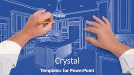  Presentation with kitchen design - Presentation design consisting of architect-drawing-kitchen-design-blueprint background and a ocean colored foreground