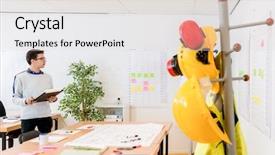  Presentation with production planning - PPT theme featuring architect holding folder while planning background and a lemonade colored foreground