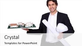  Presentation with housing - Presentation theme having architect holding scale model of housing background and a white colored foreground