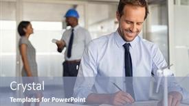  Presentation with sustainable construction - PPT layouts enhanced with architect-man-working-on-blueprints background and a light blue colored foreground