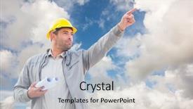  Presentation with architect - Presentation theme consisting of architect pointing against blue sky with white clouds background and a light blue colored foreground