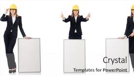  Presentation with builder - Slide set enhanced with architecture portofolio - young female builder with whiteboard background and a sky blue colored foreground