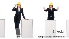  Presentation with worried young female college student - Slide deck enhanced with architecture portofolio - young female builder with whiteboard background and a white colored foreground