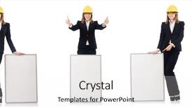  Presentation with female power plugs - Cool new slide deck with architecture portofolio - young female builder with whiteboard backdrop and a sky blue colored foreground