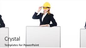  Presentation with builder - Amazing slide set having architecture portofolio - young female builder with whiteboard backdrop and a white colored foreground