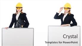  Presentation with worried young female college student - PPT layouts consisting of architecture portofolio - young female builder with whiteboard background and a white colored foreground