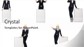  Presentation with builder - Slides enhanced with architectural poster - young female builder with whiteboard background and a white colored foreground