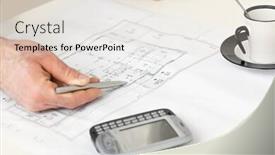  Presentation with floor plan - Presentation theme having architect's hand pointing with pen to floor plan on desk with mobile phone and coffee cup on it background and a lemonade colored foreground