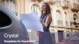  Presentation with facade - Audience pleasing PPT layouts consisting of architect woman real estate checking plan in outdoor house facade backdrop and a ocean colored foreground