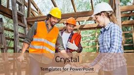  Presentation with architects - Presentation theme with architects analyzing blueprint in wood background and a coral colored foreground