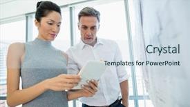  Presentation with architects - PPT theme featuring architects discussing over digital tablet in conference room at office background and a sky blue colored foreground