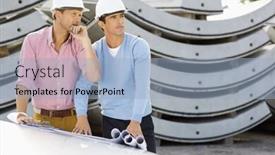  Presentation with architects - Presentation design with architects with blueprints on car working at construction site background and a light blue colored foreground