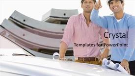  Presentation with architects - Slides enhanced with architects with blueprints on car discussing at construction site background and a coral colored foreground