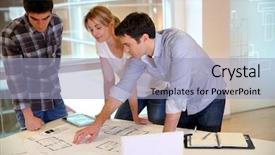  Presentation with solar plant construction - Audience pleasing slide set consisting of architects working on construction plan backdrop and a light blue colored foreground