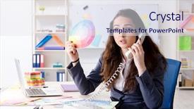  Presentation with female office graphics - Slide deck with architectural compare - young female designer working background and a  colored foreground