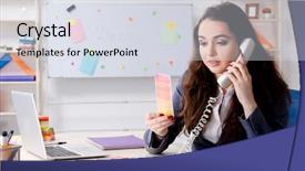  Presentation with female office graphics - Audience pleasing presentation theme consisting of architectural compare - young female designer working backdrop and a  colored foreground