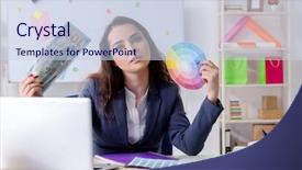  Presentation with female office graphics - Colorful presentation design enhanced with architectural compare - young female designer working backdrop and a  colored foreground