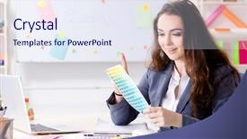  Presentation with working - Presentation theme with architectural compare - young female designer working background and a sky blue colored foreground