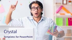  Presentation with working - Colorful PPT theme enhanced with architectural compare - young handsome male designer working backdrop and a  colored foreground