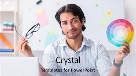  Presentation with interior design office - Colorful presentation design enhanced with architectural compare - young handsome male designer working backdrop and a light blue colored foreground