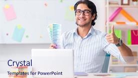  Presentation with interior design office - PPT theme having architectural compare - young handsome male designer working background and a  colored foreground