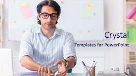  Presentation with interior design office - Colorful slide set enhanced with architectural compare - young handsome male designer working backdrop and a sky blue colored foreground