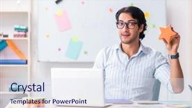  Presentation with working - Slide deck featuring architectural compare - young handsome male designer working background and a  colored foreground