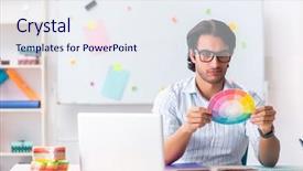  Presentation with working - Slide set consisting of architectural compare - young handsome male designer working background and a sky blue colored foreground