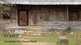  Presentation with architectural - Colorful presentation design enhanced with architectural detail of a romanian traditional wooden house backdrop and a coral colored foreground
