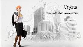  Presentation with woman engineer - PPT theme featuring horizontal photo of tower from yellow curry rise sauce spilled on food and around on white plate mint herb and few mushrooms on portion plate on wooden board background and a coral colored foreground