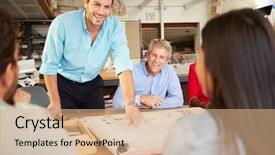  Presentation with meeting table - Beautiful slide set featuring architectural drawing - male boss leading meeting backdrop and a coral colored foreground