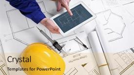  Presentation with blueprint - PPT theme featuring architectural drawing - man using tablet background and a yellow colored foreground