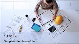  Presentation with architect - Slide set featuring architecture - architect working with blueprints background and a light blue colored foreground