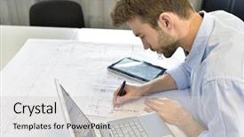  Presentation with project - Cool new presentation theme with architecture - designer in office working backdrop and a light gray colored foreground