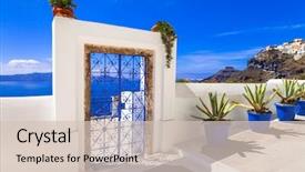  Presentation with santorini - Slide set with architecture - streetes of santorini island architectural background and a soft green colored foreground