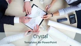  Presentation with round table - Beautiful presentation theme featuring architecture - three colleagues are discussing backdrop and a sky blue colored foreground