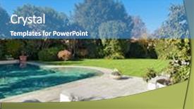  Presentation with architecture - Colorful presentation design enhanced with architecture beautiful garden with pool two sunbeds view backdrop and a teal colored foreground