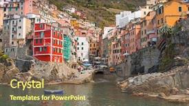  Presentation with sunset coast of the sea - Presentation theme with architecture color building - riomaggiore town on the coast background and a violet colored foreground