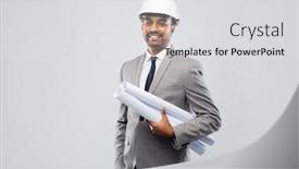  Presentation with architecture construction - Cool new theme with architecture construction business and people concept - smiling indian male architect in helmet with blueprints over grey background backdrop and a light gray colored foreground